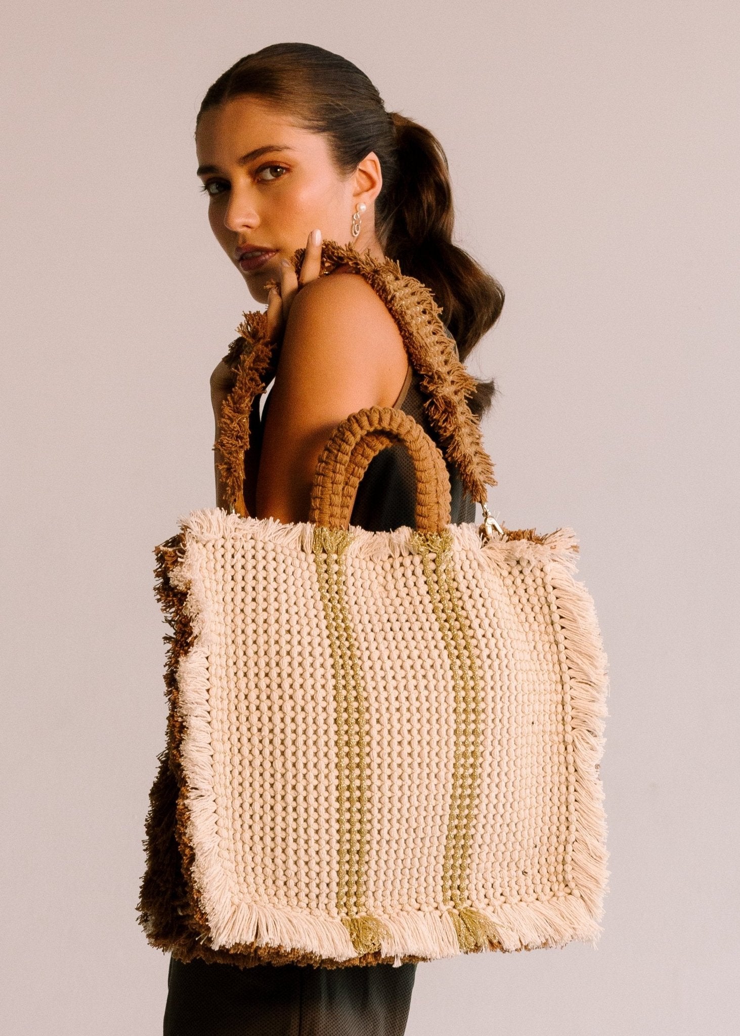 Gossypium Tote Bag Large - Buttercream, Tobacco & Gold Hand & Crossbody Bags TARBAY