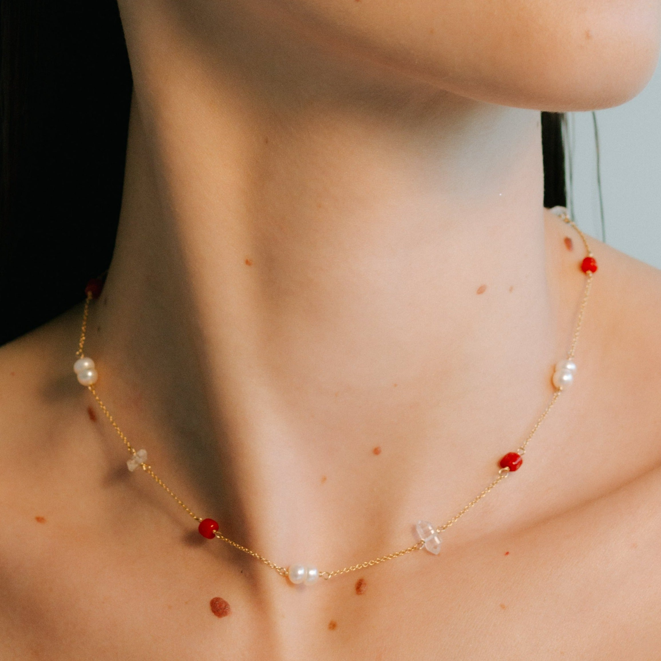 Pensamientos Necklace #3 - Pearl, Diamond Quartz & Red Coral Necklaces TARBAY   