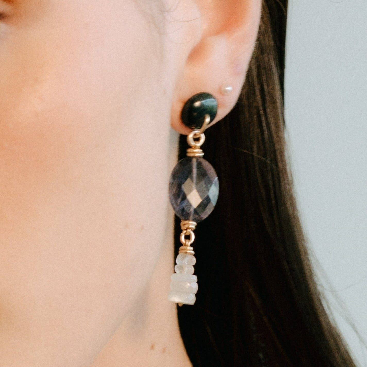 Nartella Earrings (55mm) - Blue Tiger Eye, Iolita & Moon Stone Earrings TARBAY   