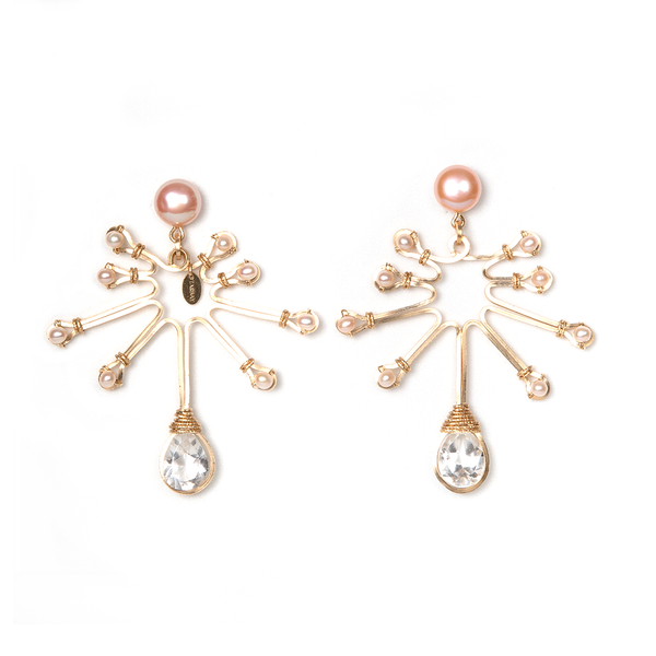 Ofiura Earring (70mm) - White Pearl, Salmon Pearl & Topaz Earrings TARBAY   