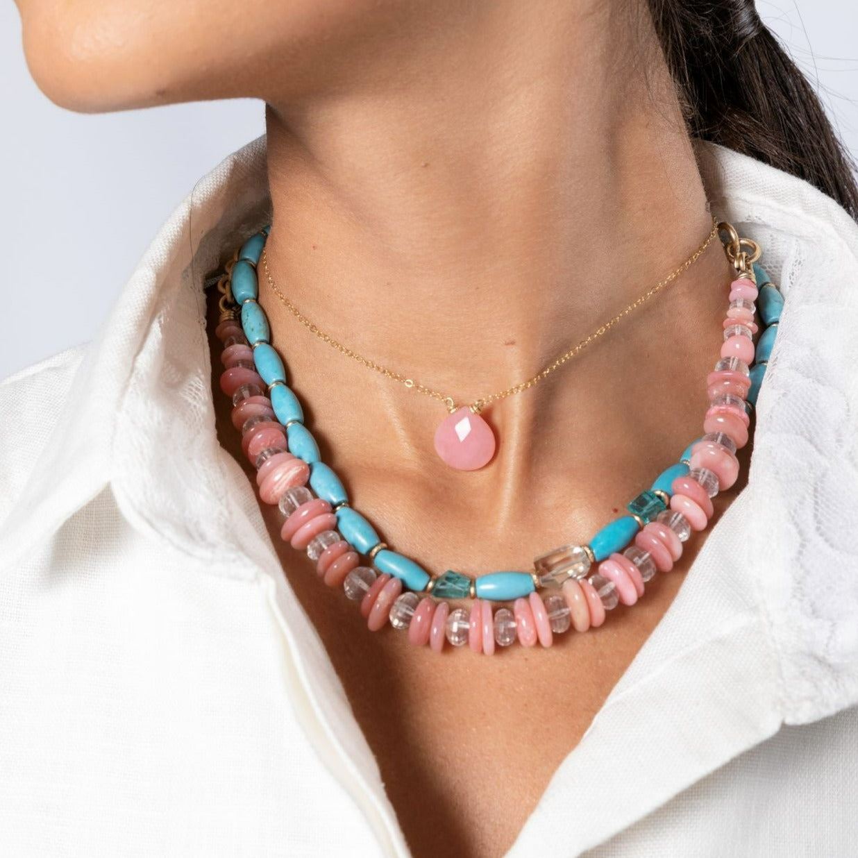 Bugambilia Necklace - Opal & rose quartz Necklaces TARBAY   