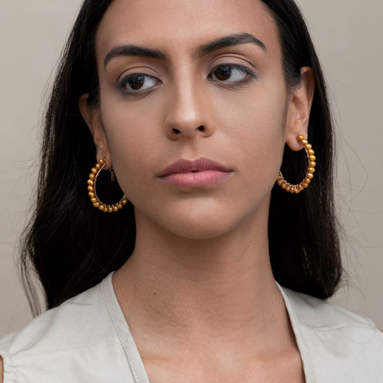 Cleopatra Hoop Earrings (30mm) - Yellow Pearl Earrings TARBAY   