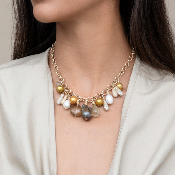 Kosmima Necklace - Amber, Spessartite, Smoky Quartz, Pearl & Amethyst Necklaces TARBAY   