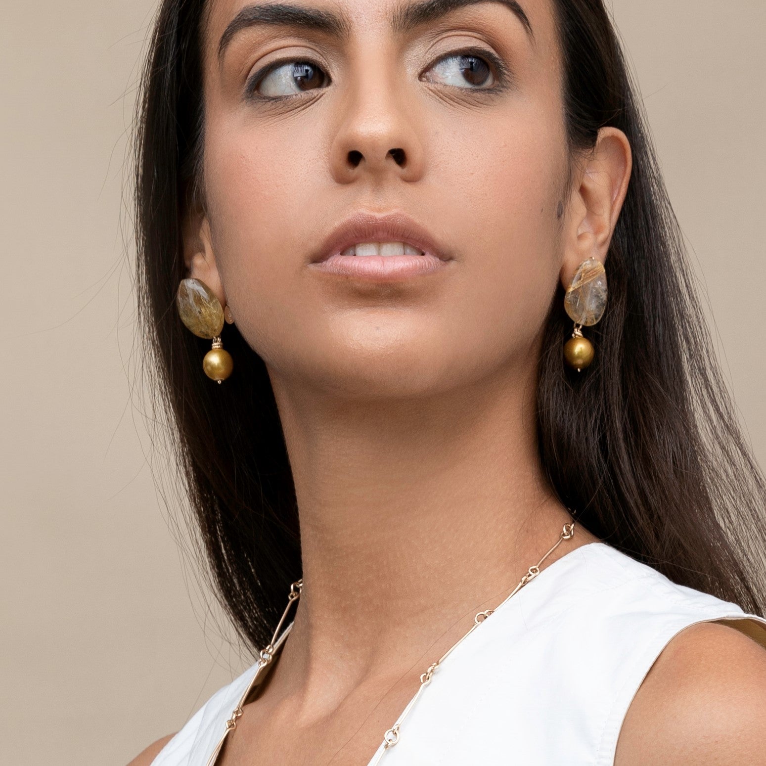 Salina Dangle Earrings - Rutilated Quartz & Bronze Pearl Earrings TARBAY   