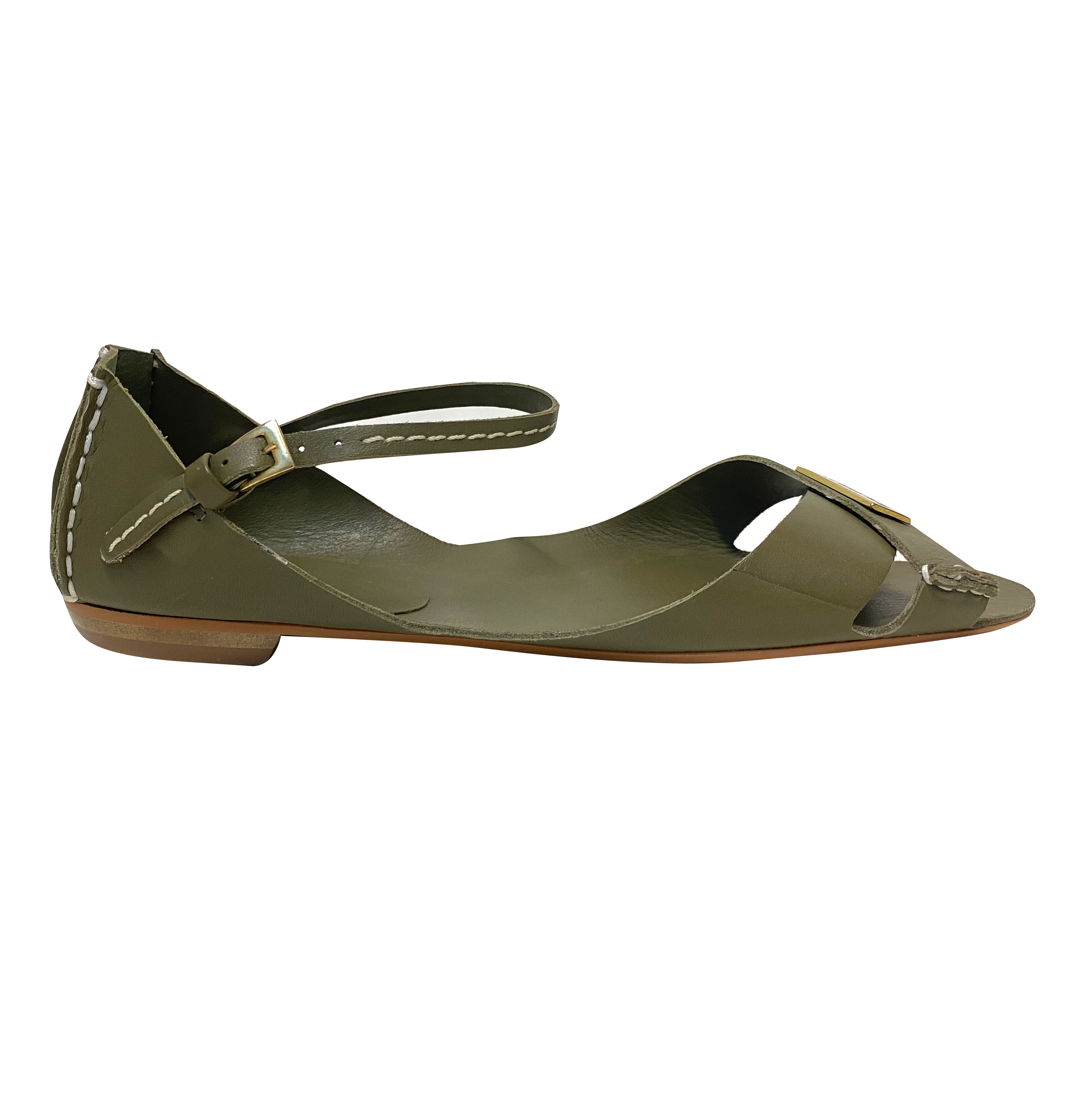 Tajali Leather Sandals - Moss Green Flats TARBAY   