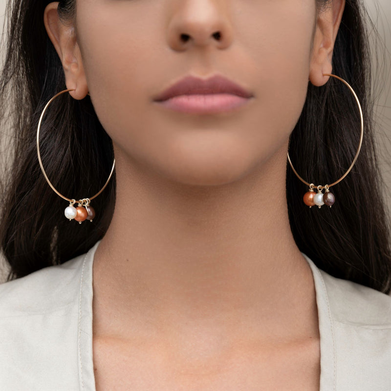 Alondra Hoop Earrings (65mm) - Yellow Pearl, Bronze Pearl & White Pearl Earrings TARBAY   