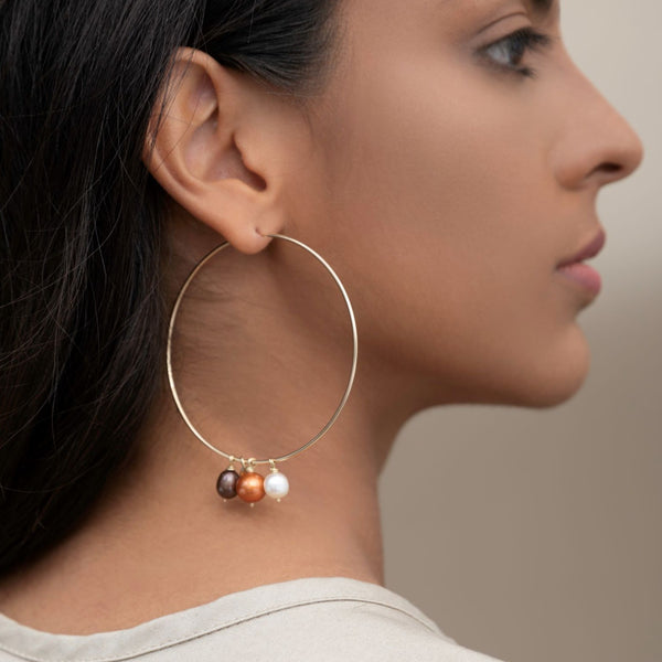 Alondra Hoop Earrings (65mm) - Yellow Pearl, Bronze Pearl & White Pearl Earrings TARBAY   