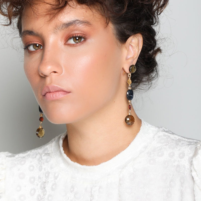 Siruma Dangle Earrings - Nacre, Citrine, Kyanite, Garnet & Smoky Quartz Earrings TARBAY   