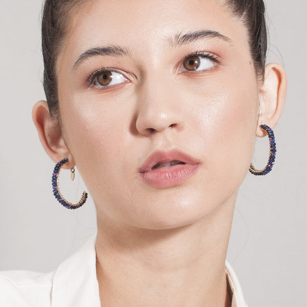 Cleopatra Hoop Earrings (30mm) - Black Onyx & Amethyst Earrings TARBAY   