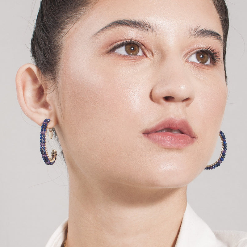 Cleopatra Hoop Earrings (30mm) - Black Onyx & Amethyst Earrings TARBAY   