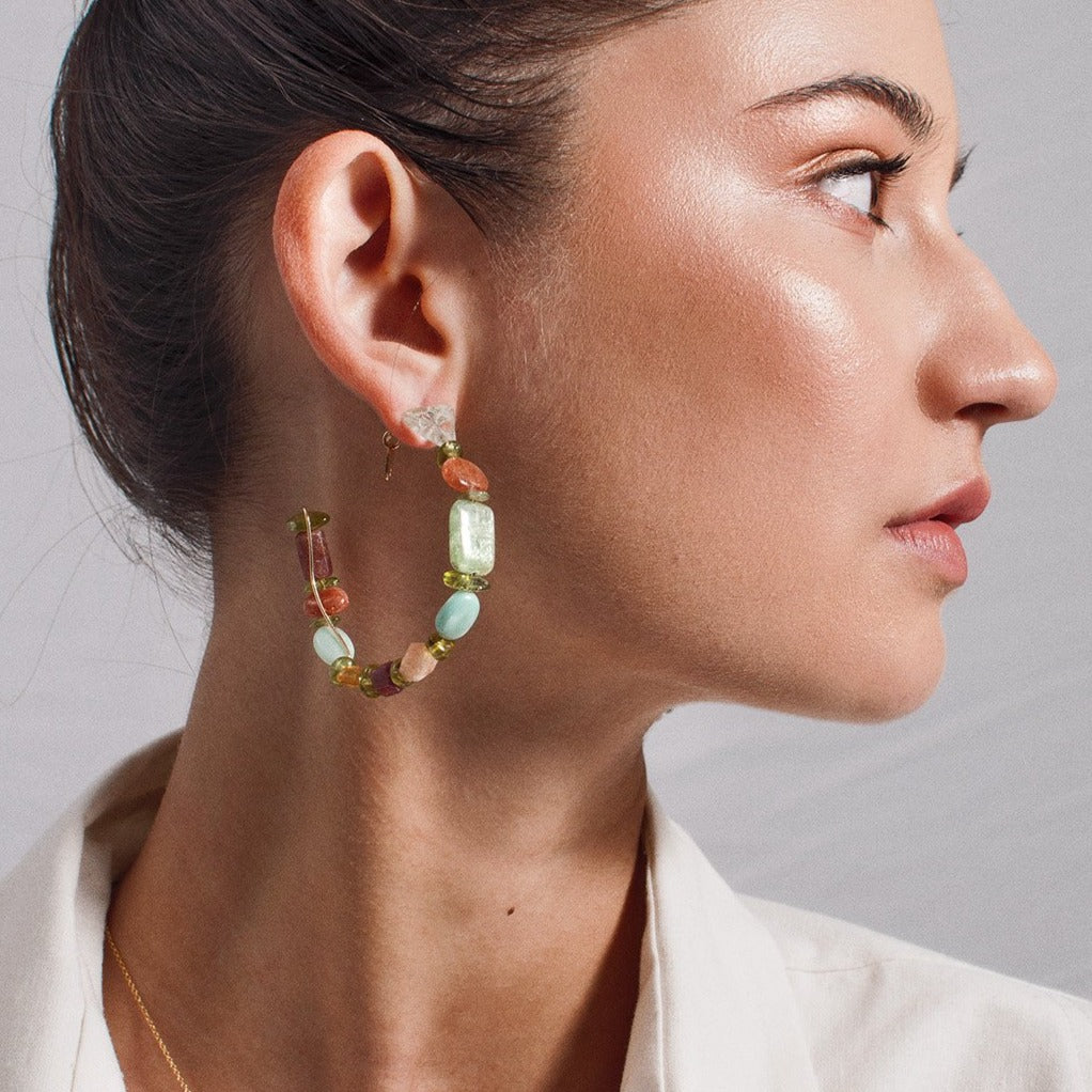 Tiare Hoop Earrings (55mm) - Yellow Quartz, Peridot, Sun Stone, Aquamarine, Amazonite & Tourmaline Earrings TARBAY   