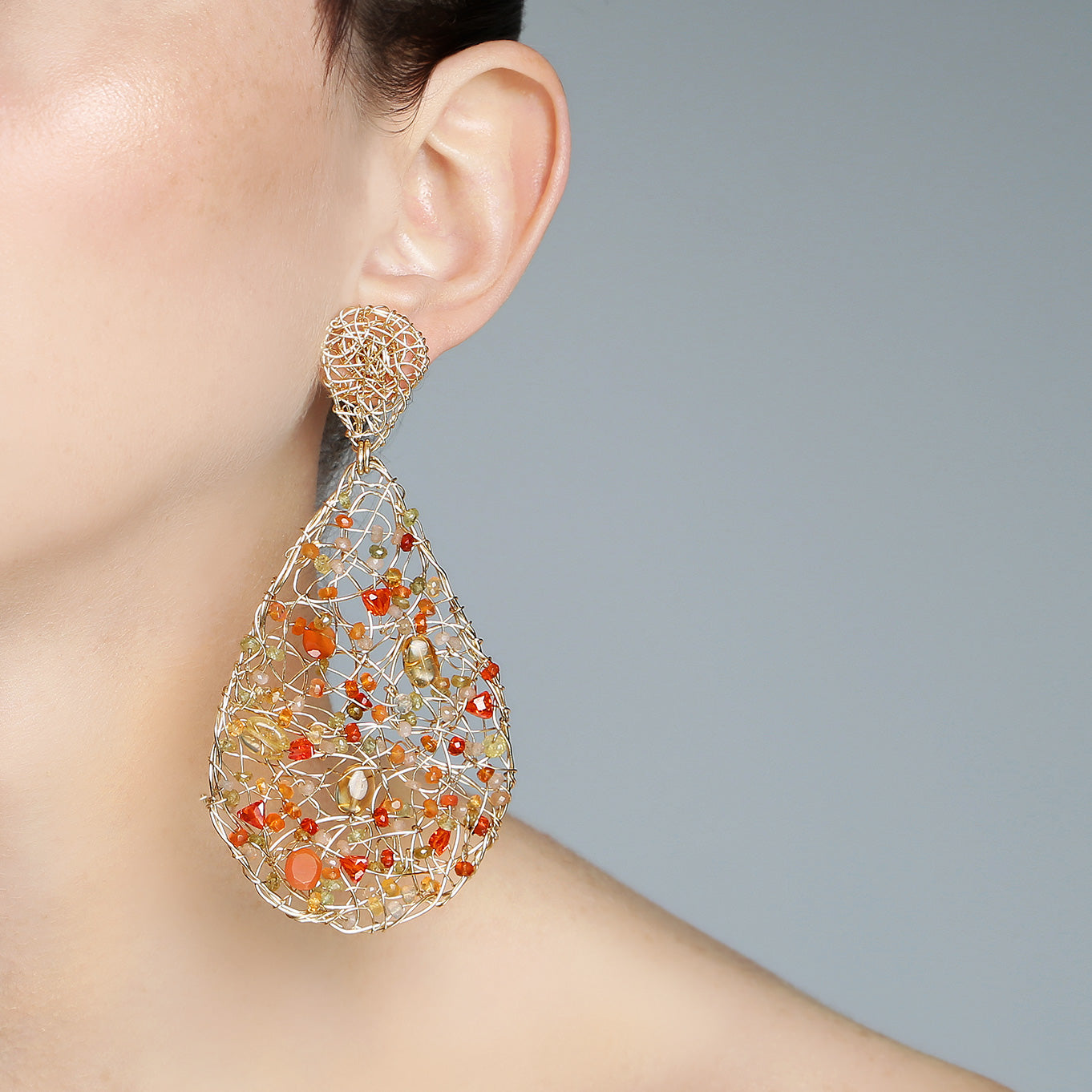 Gota Button Dangle Earrings (70mm) -Mix Orange Gems Earrings TARBAY   