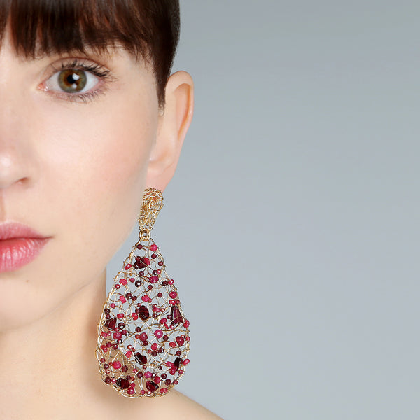 Gota Button Dangle Earrings (70mm) - Ruby, garnet & tourmaline Earrings TARBAY   