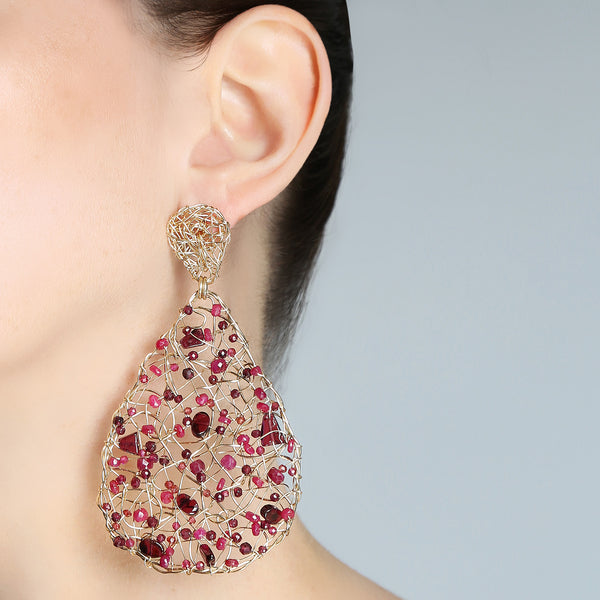 Gota Button Dangle Earrings (70mm) - Ruby, garnet & tourmaline Earrings TARBAY   