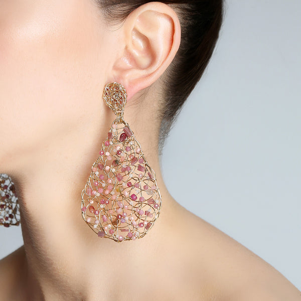 Gota Button Dangle Earrings (70mm) - Rhodochrosite, rose sapphire, rose topaz, rose tourmaline & rose quartz Earrings TARBAY   