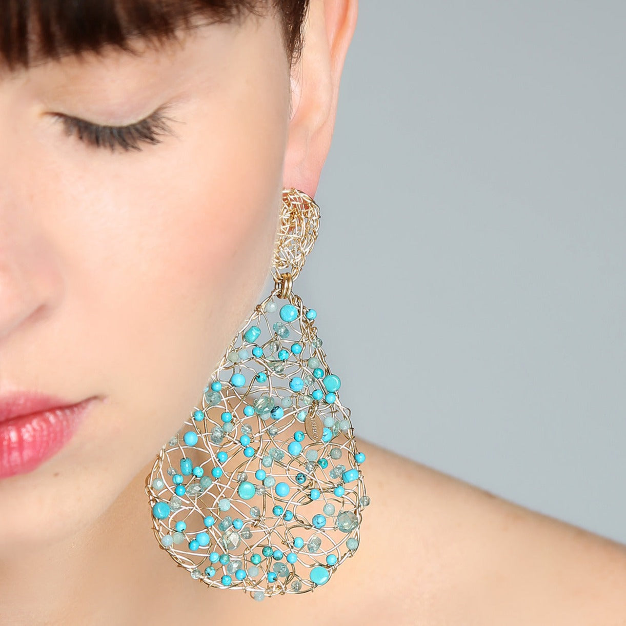Gota Button Dangle Earringss (70mm) - Mix Turquoise Gems Earrings TARBAY   