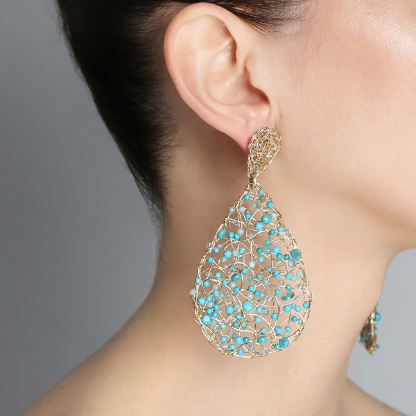 Gota Button Dangle Earringss (70mm) - Turquoise, aquamarine, apatite & howlite Earrings TARBAY   