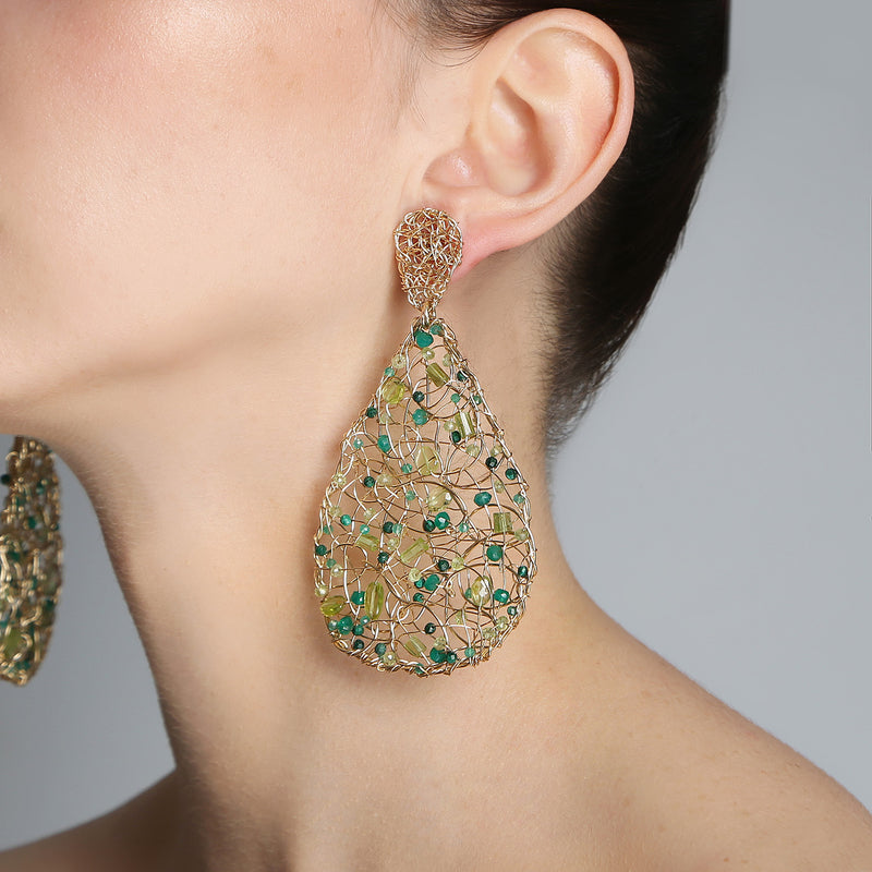 Gota Button Dangle Earrings (70mm) - Peridot, Emerald, Green Onyx, Chalcedony, Prehnite, Versonitte, Green Amethyst, Chrysophase Earrings TARBAY   