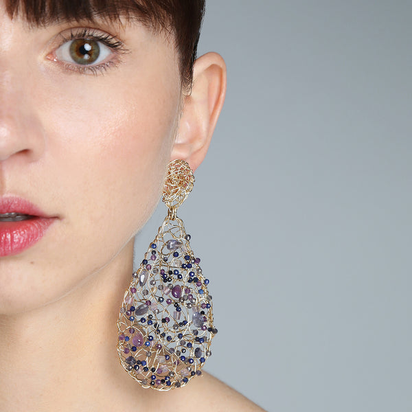 Gota Button Dangle Earrings (70mm) - Sapphire, Tanzanite, Apatite, Sodalite, Amethyst Earrings TARBAY   