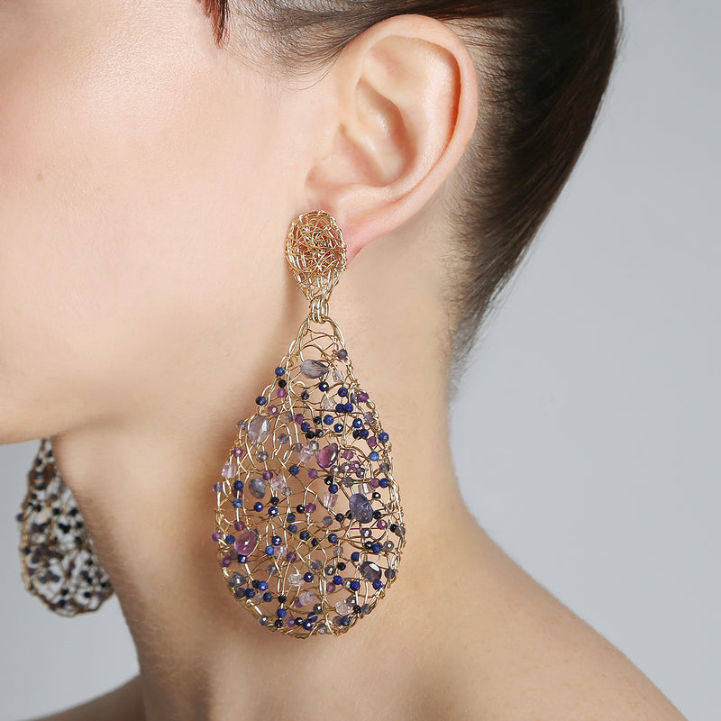 Gota Button Dangle Earrings (70mm) - Sapphire, Tanzanite, Apatite, Sodalite, Amethyst Earrings TARBAY   