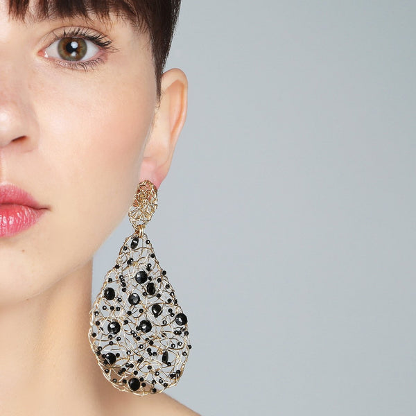 Gota Button Dangle Earrings (70mm) - Black onyx & black spinel Earrings TARBAY   