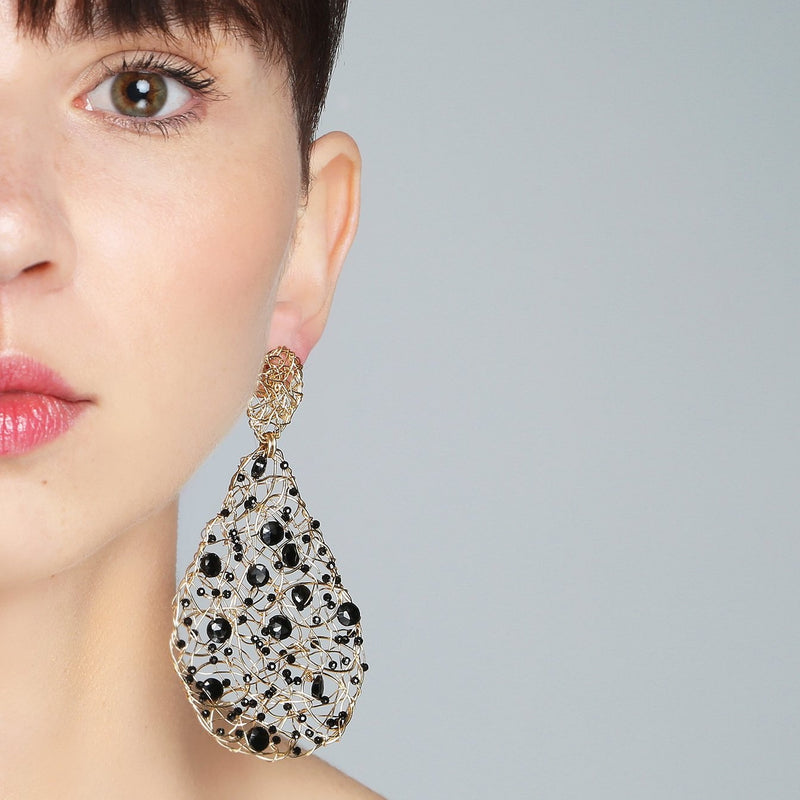 Gota Button Dangle Earrings (70mm) - Black onyx & black spinel Earrings TARBAY   