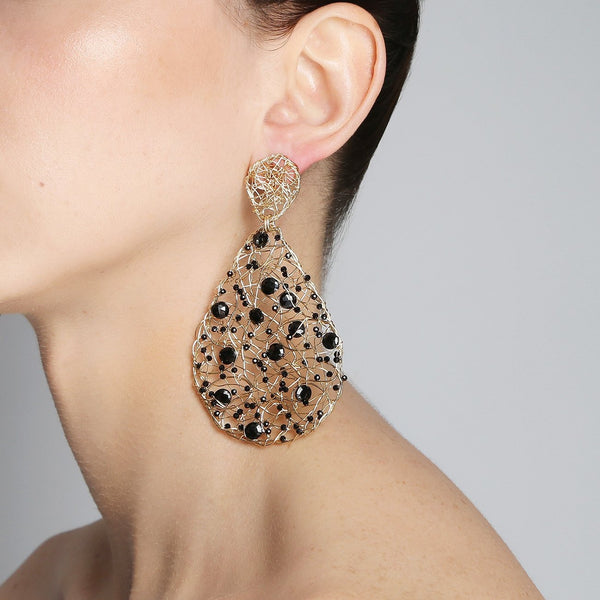 Gota Button Dangle Earrings (70mm) - Black onyx & black spinel Earrings TARBAY   