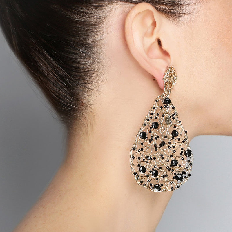 Gota Button Dangle Earrings (70mm) - Black onyx & black spinel Earrings TARBAY   