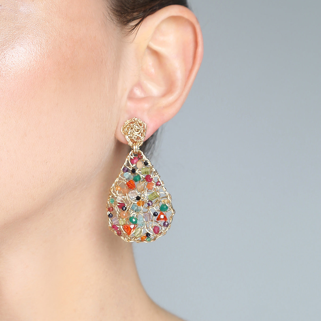 Gota Button Dangle Earringss (40mm) - Multicolor Gems Mix Earrings TARBAY   