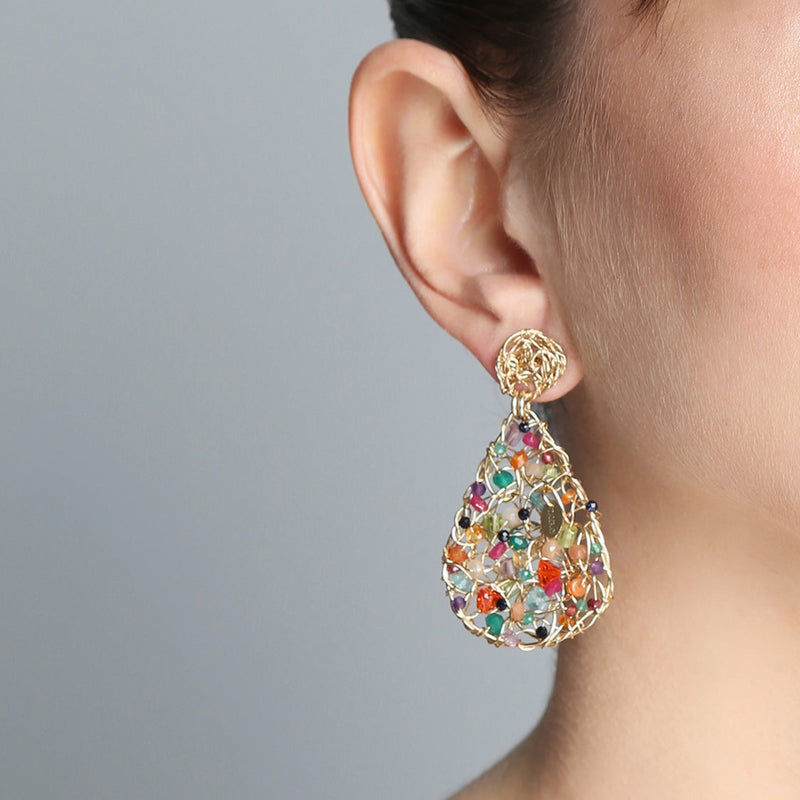 Gota Button Dangle Earringss (40mm) - Multicolor Gems Mix Earrings TARBAY   