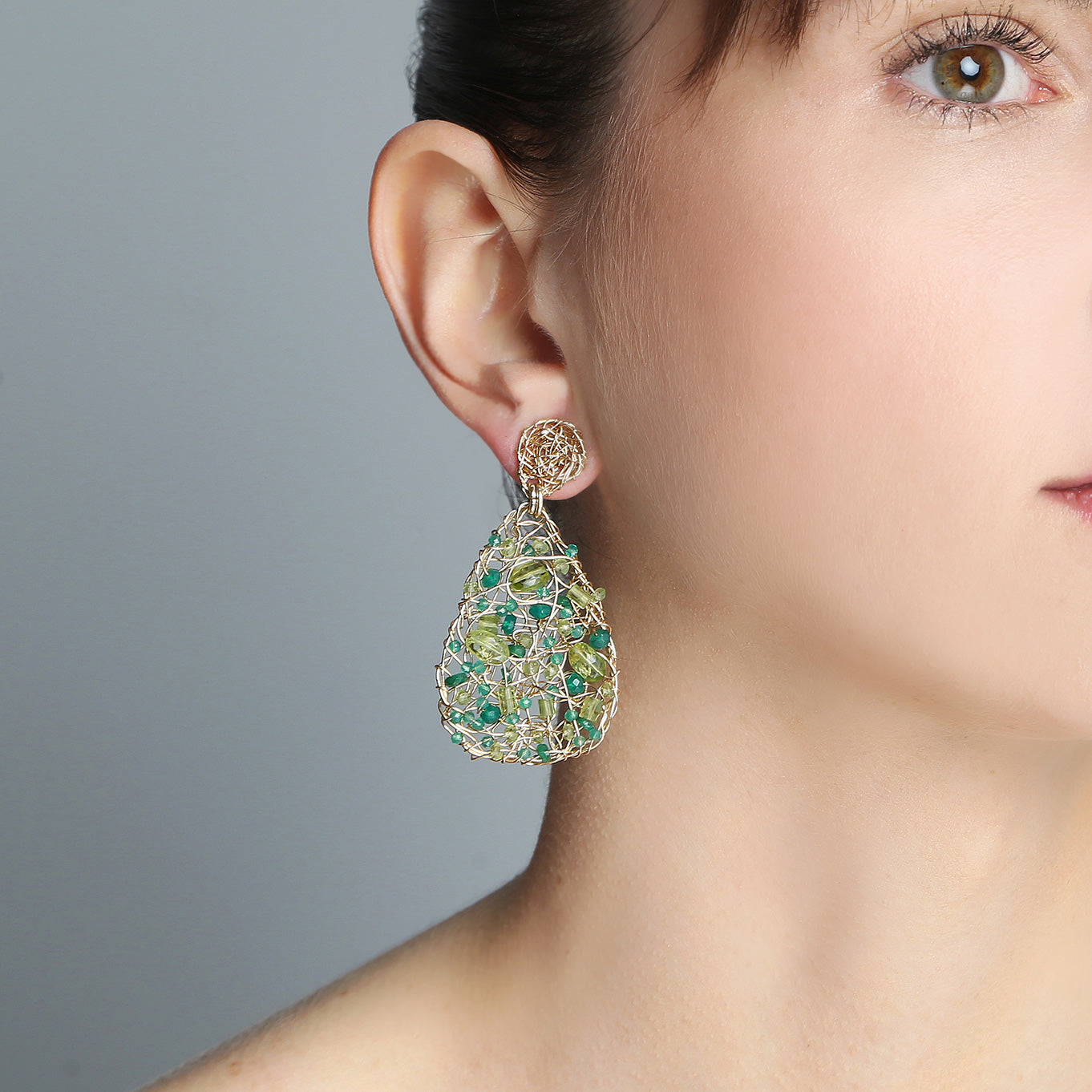 Gota Button Dangle Earrings (40mm) - Mix Green Gems Earrings TARBAY   