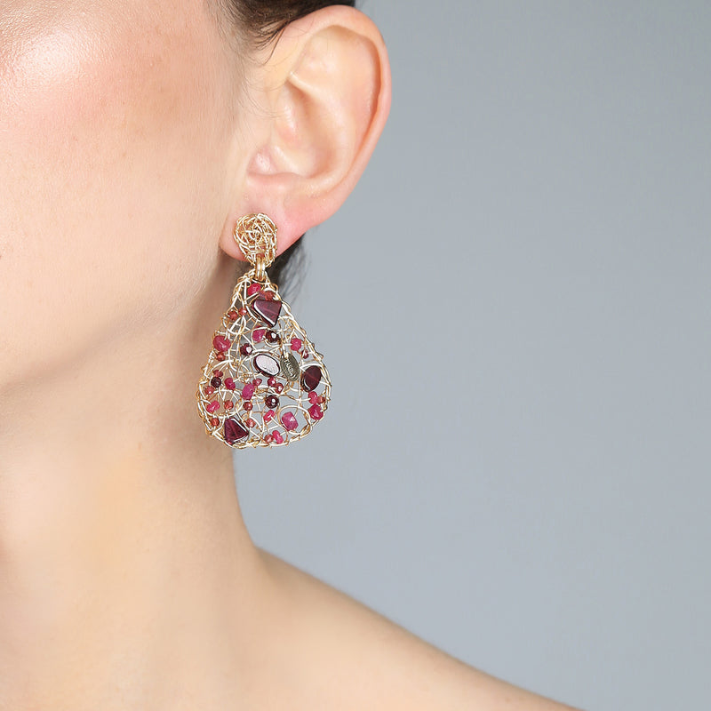 Gota Button Dangle Earrings (50mm) - Ruby, garnet & tourmaline Earrings TARBAY   
