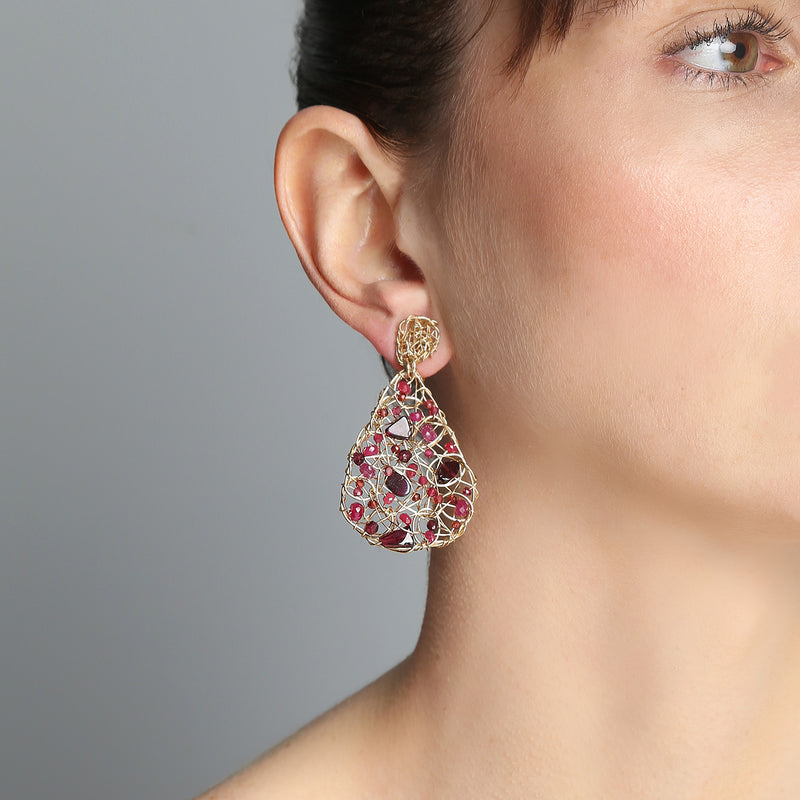 Gota Button Dangle Earrings (50mm) - Ruby, garnet & tourmaline Earrings TARBAY   