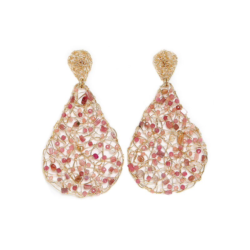 Gota Button Dangle Earrings (70mm) - Rhodochrosite, rose sapphire, rose topaz, rose tourmaline & rose quartz Earrings TARBAY   