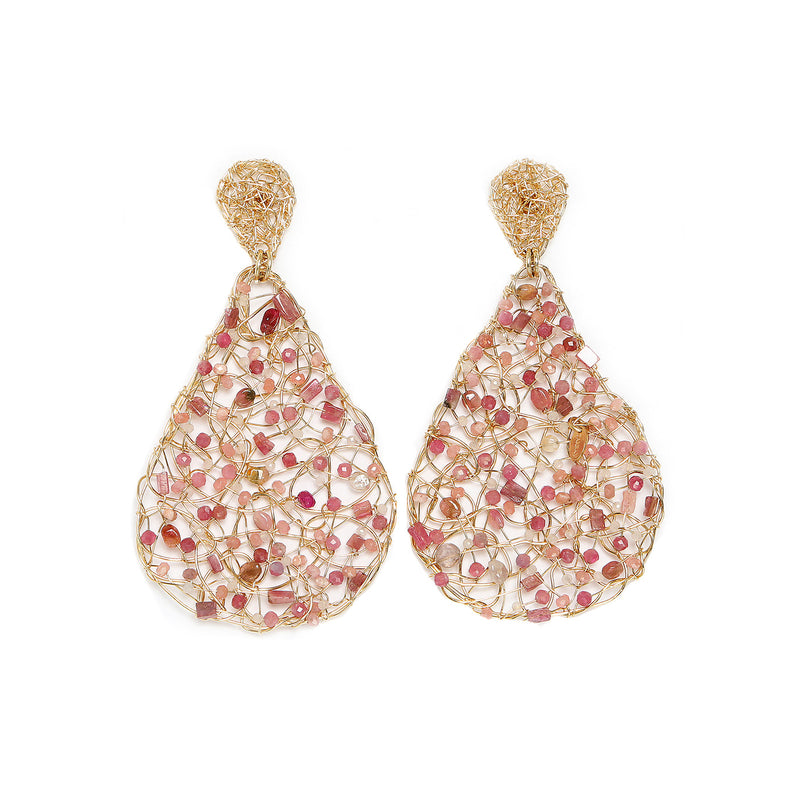 Gota Button Dangle Earrings (70mm) - Rhodochrosite, rose sapphire, rose topaz, rose tourmaline & rose quartz Earrings TARBAY   