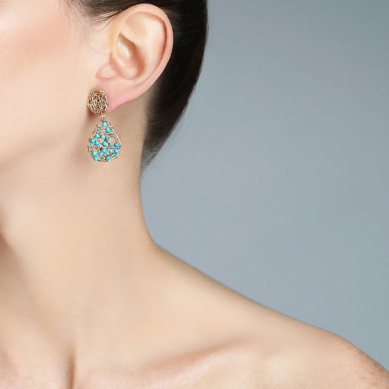 Gota Button Dangle Earrings (20mm) - Turquoise, aquamarine, apatite & howlite Earrings TARBAY   