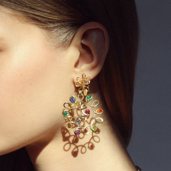 Eden Dangle Earrings (40mm) - Ruby, Garnet, Tourmaline, Peridot, Jade, Green Onyx, Sapphire, Iolite, Earrings TARBAY   