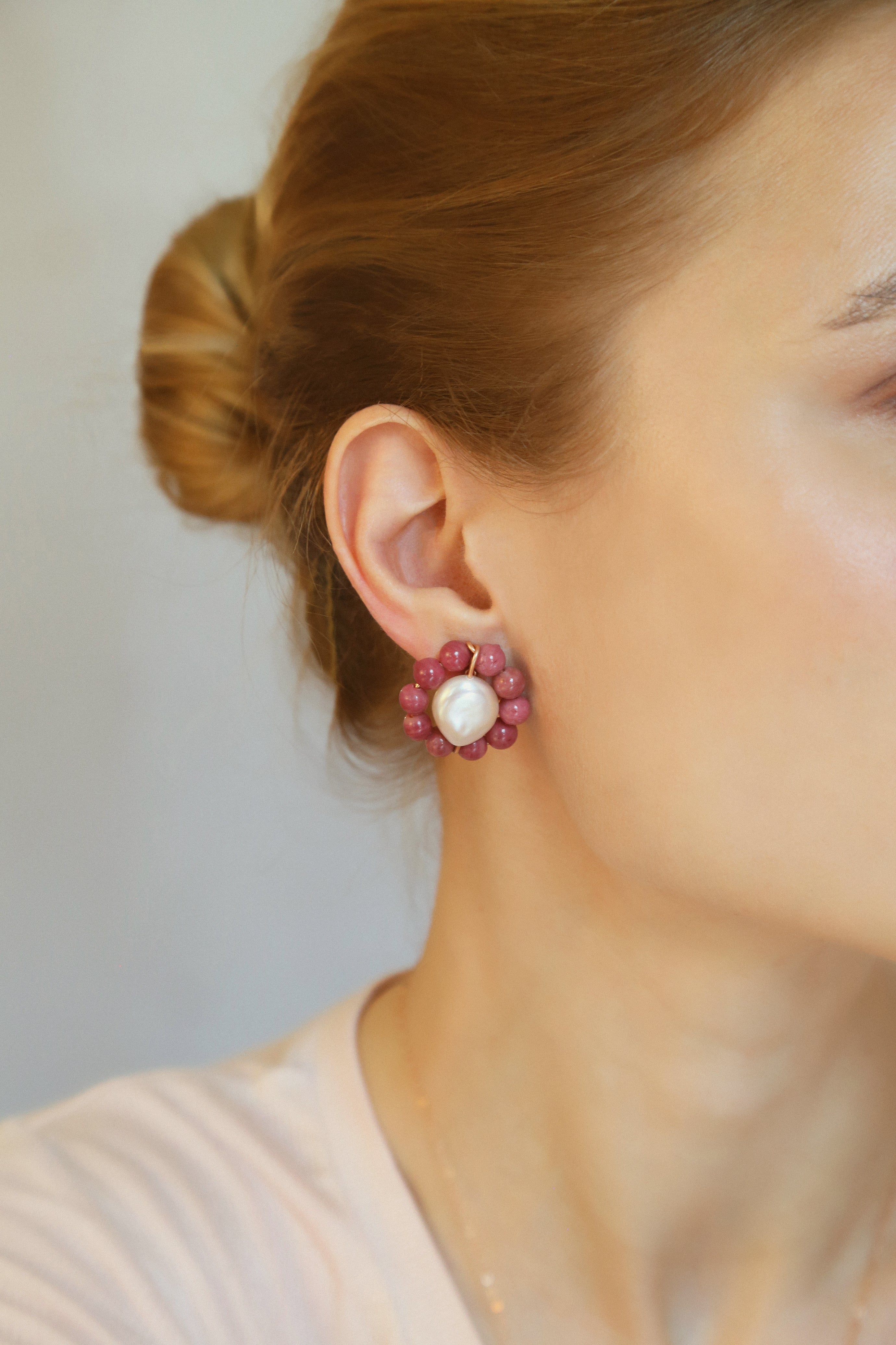 Rosetta Earring - Pearl & Rhodochrosite Earrings TARBAY   