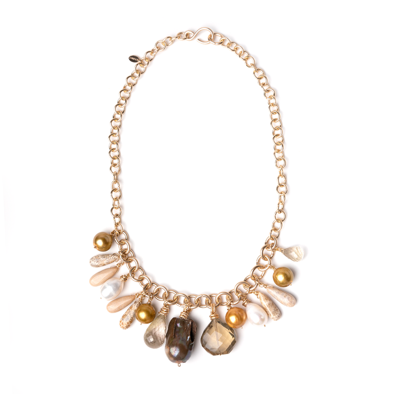 Kosmima Necklace - Amber, Spessartite, Smoky Quartz, Pearl & Amethyst Necklaces TARBAY   