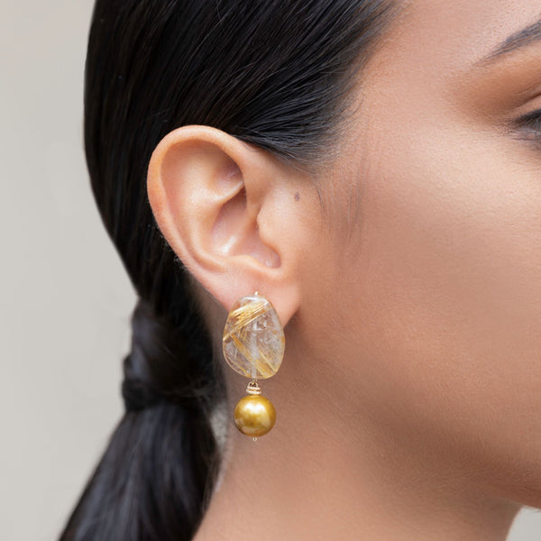 Salina Dangle Earrings - Rutilated Quartz & Bronze Pearl Earrings TARBAY   