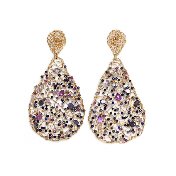 Gota Button Dangle Earrings (70mm) - Sapphire, Tanzanite, Apatite, Sodalite, Amethyst Earrings TARBAY   