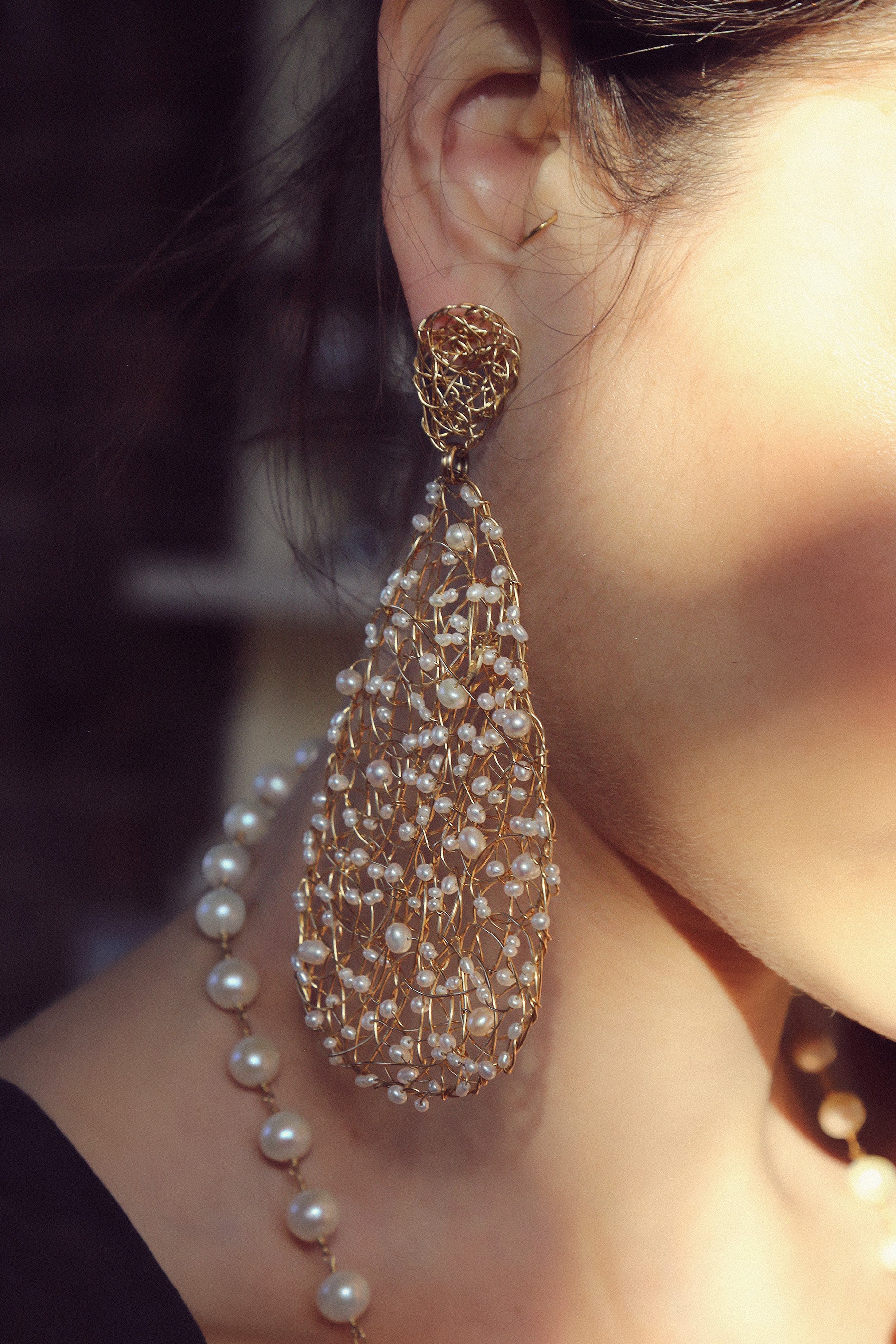 Gota Button Dangle Earrings (70mm) - Pearl Earrings TARBAY   