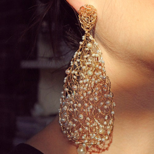Gota Button Dangle Earrings (70mm) - Pearl Earrings TARBAY   
